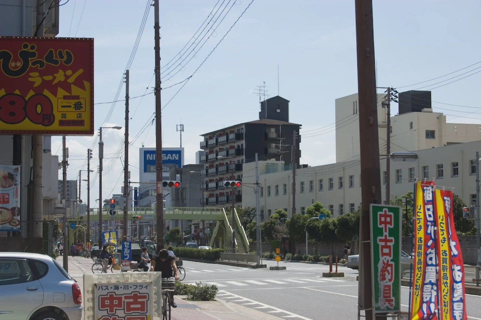 Dos elementos que les sonarán a los que hayan visto anime o leído manga: un puente para cruzar la calzada dentro de la ciudad y un instituto (el edificio blanco de la derecha).