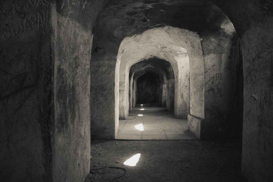 Exploring one of the tombs.