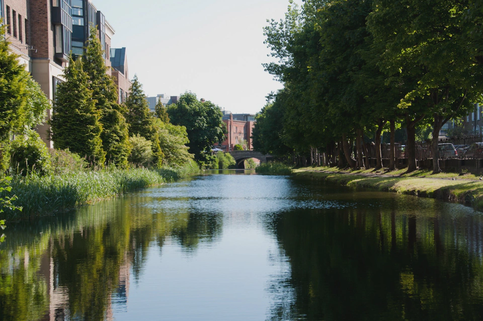 The Grand Canal of Dublin traverses the South of Dublin and ends in the Liffey river before it meets the Atlantic Ocean.